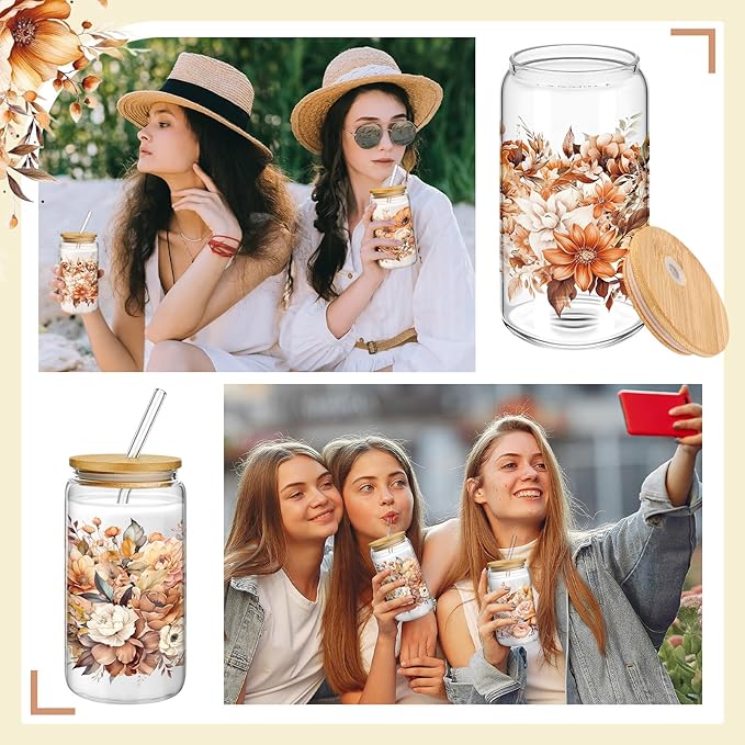 Mumufy Gift for Women Cute Glass Cup Tumbler Flower Iced Coffee Mugs 16 oz Glass with Bamboo Lid & Straw, Mothers Day Birthday Gift for Mom Sister Bridesmaid Baby Shower(4 Pack,Fall Flower)