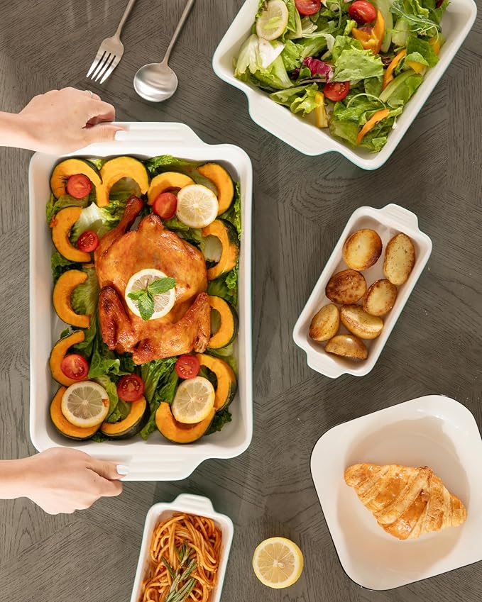 Sweejar Ceramic Bakeware Set of 4, Casserole Dishes for Oven, Rectangular Baking Dish with Handles, Lasagna Pans Deep for Cooking, Gratin, Roasting, Banquet and Daily Use (Beige)