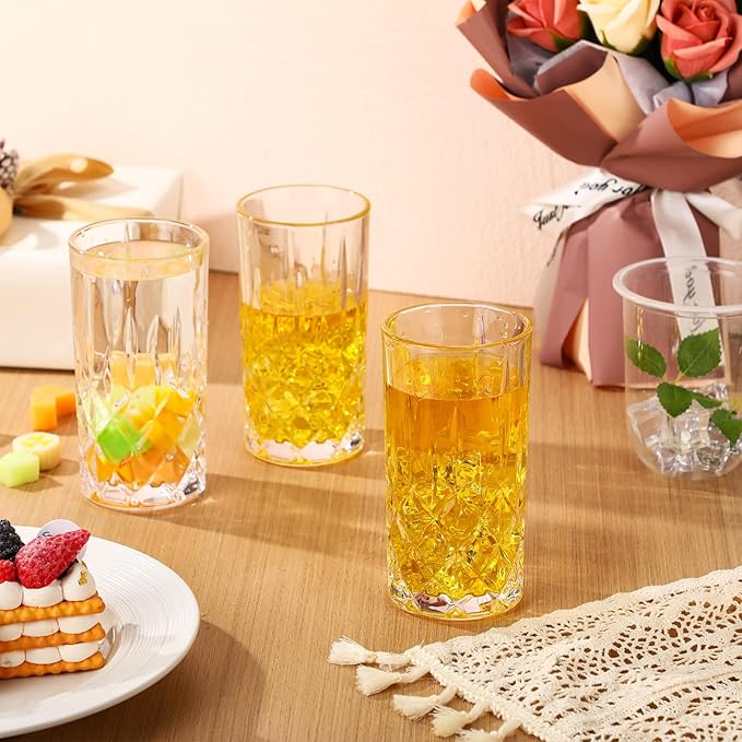 Uiifan Set of 12 Tall Highball Glasses 12 oz Crystal Drinking Glasses Clear Fancy Cups Vintage Textured Designer Glassware for Cocktail Tea Water Beer Soda Beverages, Dishwasher Safe (Classic Style)