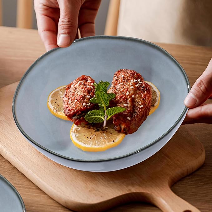 Herogo Stoneware Dinnerware Sets for 6, 18 Piece Ceramic Dinner Dishes Set, Irregular Handmade Plates and Bowls Dishware, Crack and Scratch Resistant, Reactive Glaze, Smoky Blue