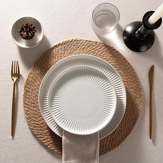 Famiware Starlight Plates and Bowls Dishes Set of 4 (12 Pieces), Ribbed Textured Stoneware Dinnerware Sets- Dishwasher & Microwave Safe, Chip Resistant, Matte Reactive White