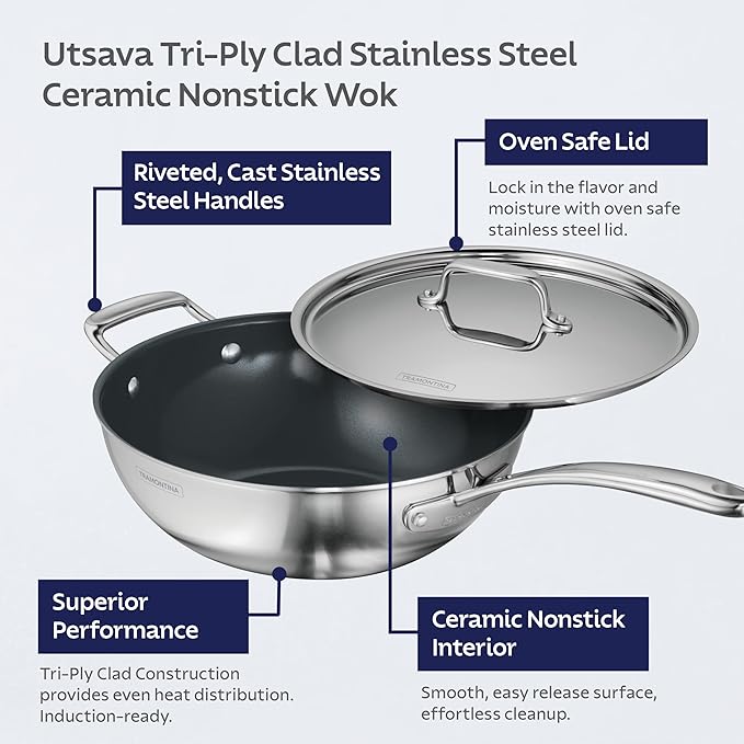 Tramontina Utsava Tri-Ply Clad Stainless Steel 3.75-Quart Wok with Lid and Ceramic Non Stick Interior, Induction-Ready Cooking Pan