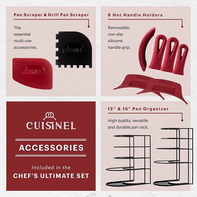 Cuisinel Cast Iron 23-Pc Cookware Set - 8" Skillet + Cast Iron Lid + 12"+Lid + 10" Braiser with Lid + Grill Pan + Lid + Griddle + 5-Qt Dutch Oven + Multi-Cooker + 12"+15" Pan Rack + Scraper + Handles