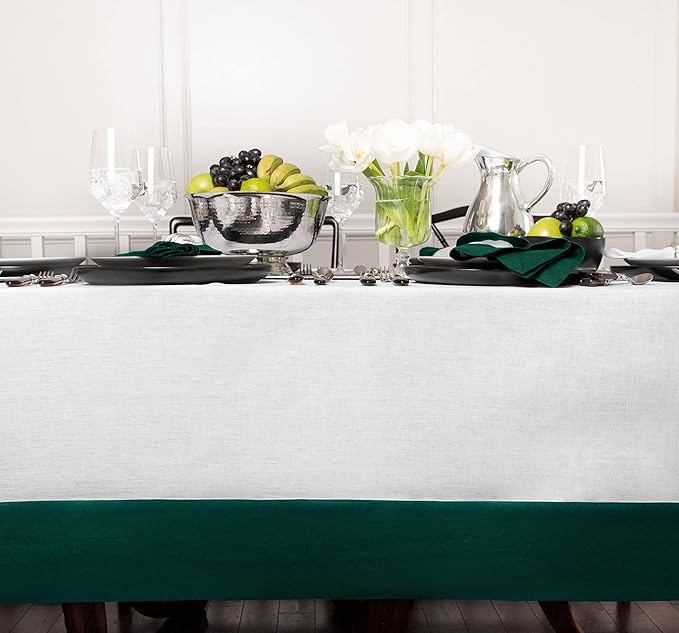 Solino Home Linen Tablecloth for Rectangle Tables 60 x 90 Inch - 100% Pure Linen Rainforest and White Table Cloth - Contempo, Machine Washable Cloth Tablecloth for Winter, New Year