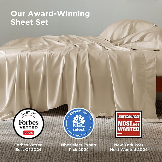 Bedsure King Size Sheet Set, Cooling Sheets King, Rayon Derived from Bamboo, Deep Pocket Up to 16", Breathable & Soft Bed Sheets, Hotel Luxury Silky Bedding Sheets & Pillowcases, Beige