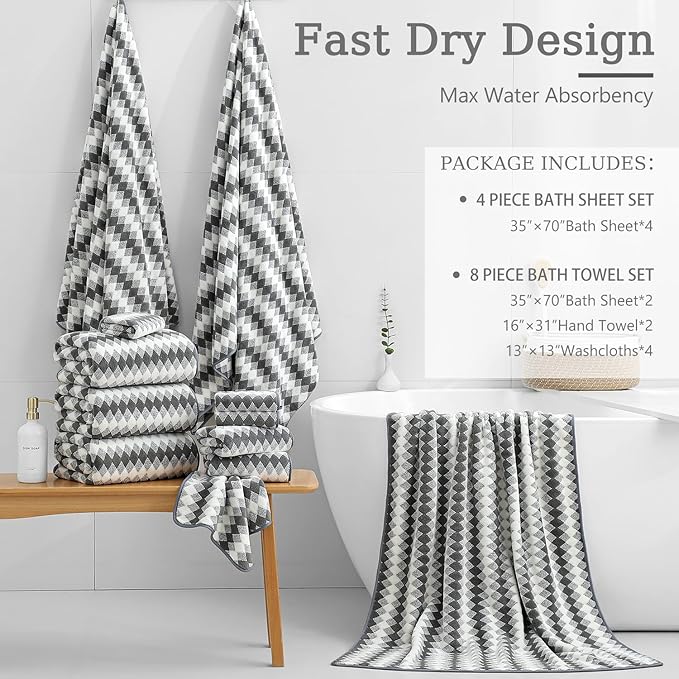 4 Piece Bath Towel Set Oversized Bath Sheet 35"x70" Bathroom Towel Extra Large Towel Set Soft Highly Absorbent & Quick Dry Premium Bath Sheet for Bathroom 600GSM Shower Towel Spa Gym Hotel,Dark Grey