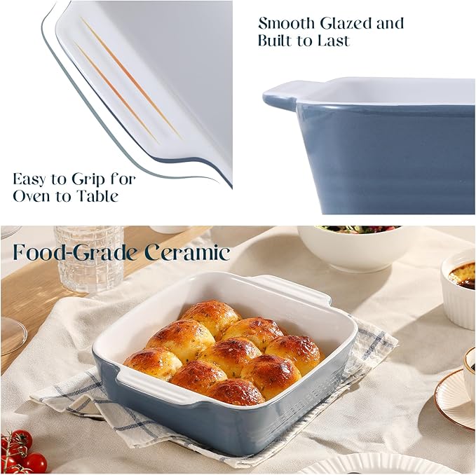 DOWAN 8x8 Baking dish, Square Baking Pan, Ceramic Casserole Dishes for Oven, Cake Pan with Handle, for Brownie, Lasagna, Casserole, 2 Quart, Home Gift, Airy Blue