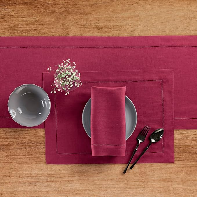 Solino Home Linen Beet Table Runner 108 Inches Long - 100% Pure Linen Hemstitch 14 x 108 Inch Table Runner for Dining, Valentines, Holiday, Winter, New Year - Classic Hemstitch