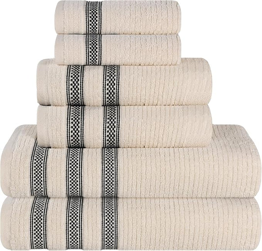 Superior Cotton 6-Piece Towel Set, Zero Twist, Ribbed Geometric, Bathroom Essentials, Shower, Spa, Luxury Plush Soft Absorbent Towels, Includes 2 Bath, 2 Hand, 2 Washcloth/Face Towels, Ivory