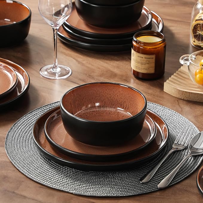 vancasso Plates and Bowls Sets, 18 Pieces Stoneware Dinnerware Sets for 6, Kitchen Dish Set Mircowave and Dishwasher Safe Ceramic Dishware, Dark Brown, Series AMBER