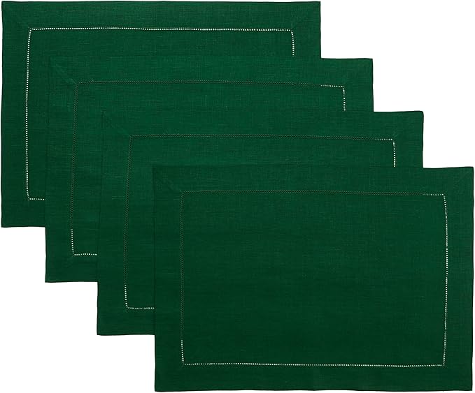 D'Moksha Homes Linen Placemats Set of 4 - Classic Hemstitch Forest Green Placemats 14 x 19 Inch - 100% Pure Linen Table Mats for Winter, Holiday, New Year - Handcrafted and Machine Washable