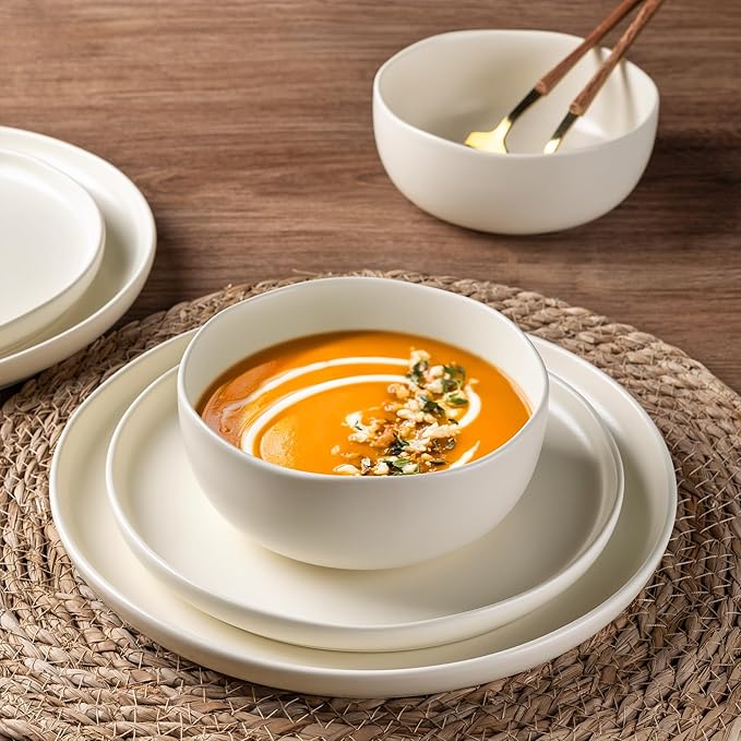 AmorArc Ceramic Dinnerware Sets, Wavy Rim StonewarePlates and Bowls Sets, Highly Chip and Crack Resistant | Dishwasher & Microwave & Oven Safe Dishes set, Service for 8 (24pc)