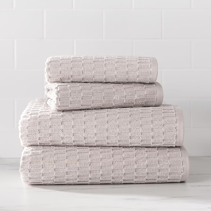 DKNY Metro Tile Quick Dry 100% Cotton Towel Set for Bathroom – 2 Bath, 2 Hand, Zero Twist, Absorbent, Supremely Soft, 550 GSM, 4 Piece, Stone