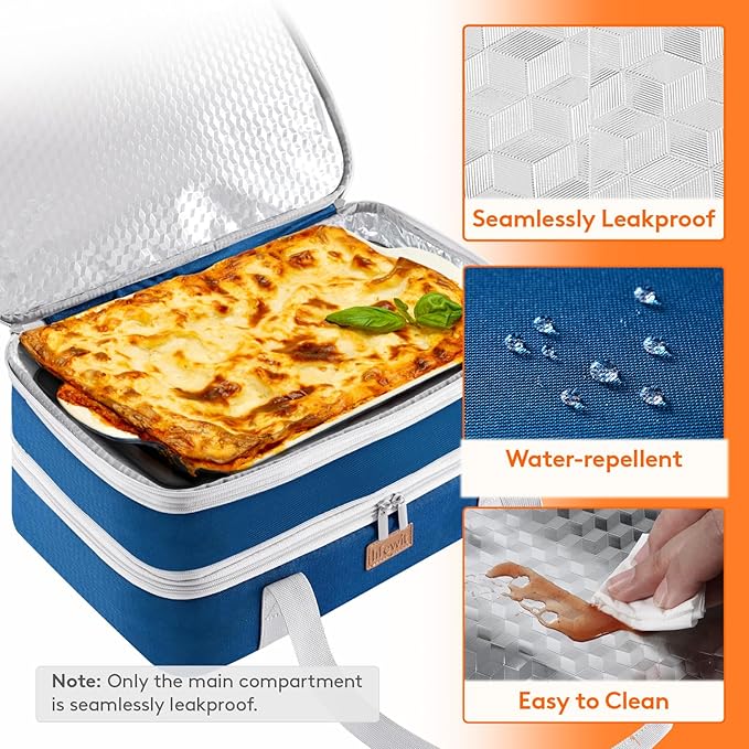 Lifewit Double Decker Insulated Casserole Carrier for Hot or Cold Food, Casserole Dish with Lid and Carrying Case, Lasagna Holder for Potluck Parties/Picnic, Fits 9"x13" Baking Dish, Pure Blue