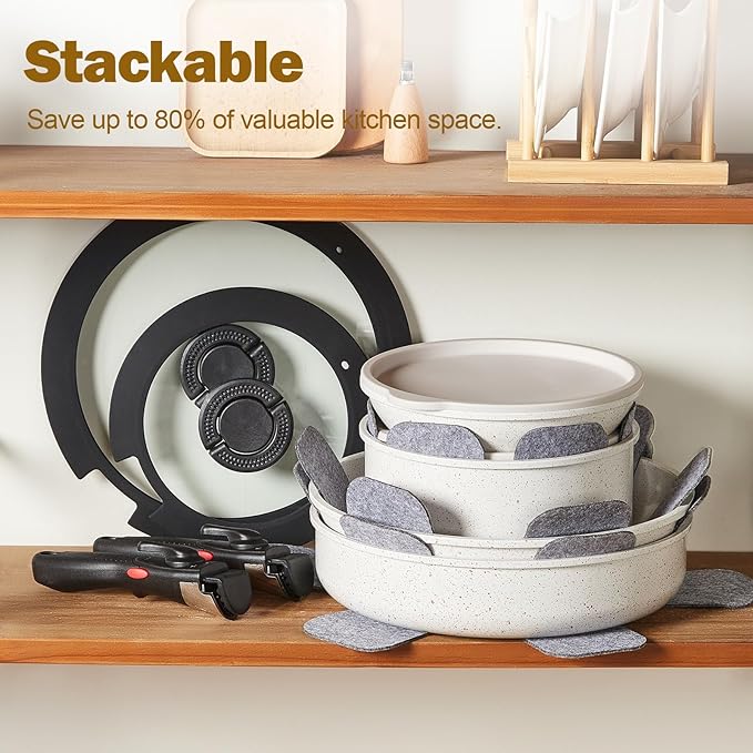 ROSSETTO 17pcs Pots and Pans Set Non Stick from France, Ceramic Cookware Set with Removable Handle, Induction RV Kitchen Cookware Set, Stackable, PFOA and PFAS Free, Oven Safe