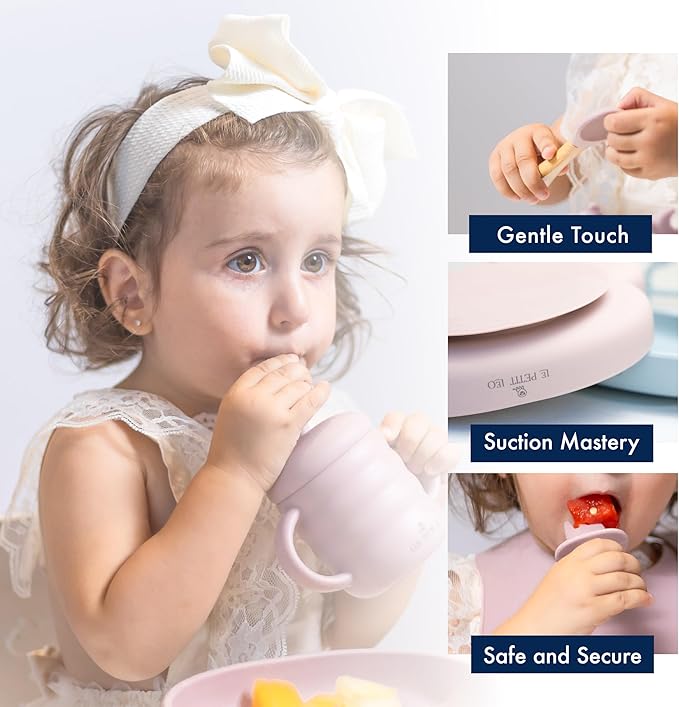 Silicone Baby Feeding Set - Complete Baby Led Weaning Supplies with Non-Toxic Silicone Bibs, Suction Plates, Suction Baby Bowl, Sippy Cup, Baby Spoons and Fork, Toddler Utensils (Baby Sky)