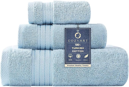 COZYART Light Blue Towels Set for Bathroom 3Pcs, Turkish Cotton Bath Towels Sets for Bathroom Soft Highly Absorbent 650 GSM with 1 Bath Towel, 1 Hand Towel, 1 Washclothe