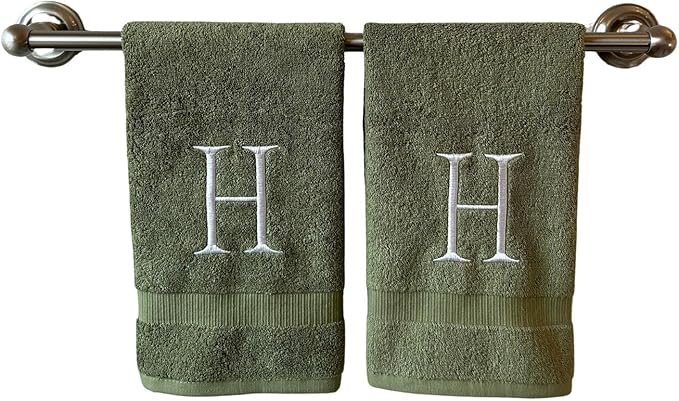 Sage Initial Hand Towel for Bathroom - Monogrammed Luxury Hotel Quality Decorative Embroidered Towel for Powder Room, Spa - GOTS Organic Certified - Set of 2 Letter H