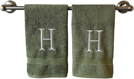Sage Initial Hand Towel for Bathroom - Monogrammed Luxury Hotel Quality Decorative Embroidered Towel for Powder Room, Spa - GOTS Organic Certified - Set of 2 Letter H