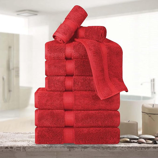 Superior Egyptian Cotton Pile 9 Piece Towel Set, Includes 3 Bath, 3 Hand, 3 Face Towels/Washcloths, Ultra Soft Luxury Towels, Thick Plush Essentials, Guest Bath, Spa, Hotel Bathroom, Red