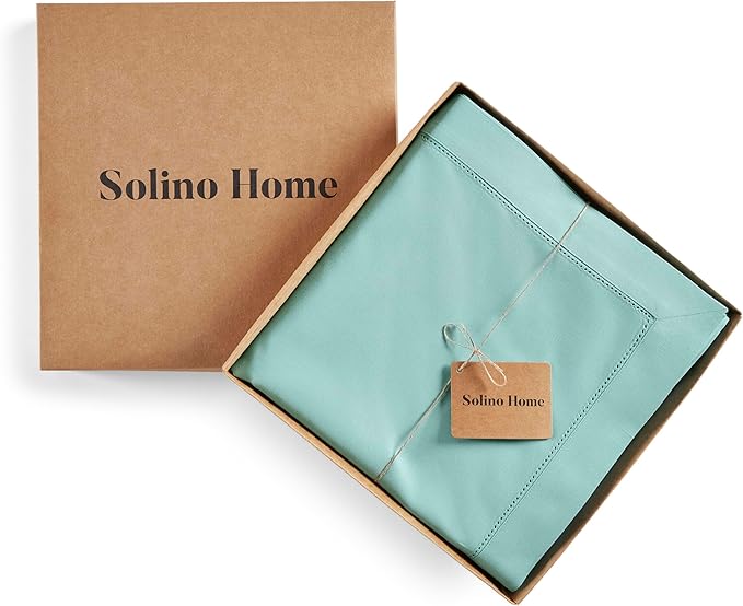 Solino Home Cotton Linen Tablecloth for Rectangle Tables 58 x 120 Inch - Hemstitch Pastel Turquoise Table Cloth - Machine Washable Cloth Tablecloth