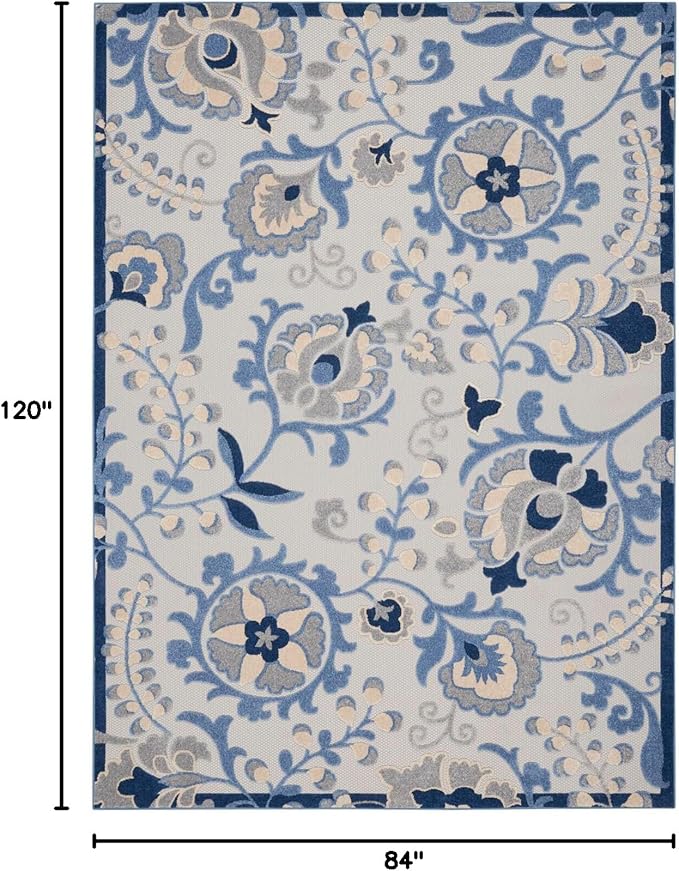 Nourison Aloha Indoor/Outdoor Blue/Grey 7' x 10' Area Rug, Easy Clean, Non Shedding, Bed Room, Living Room, Dining Room, Backyard, Deck, Patio (7x10)