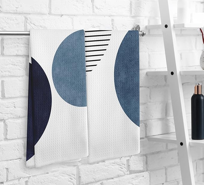 Boho Navy Blue Line Kitchen Towels and Dishcloths Set of 2, Boho Bohemian Dish Towels, Boho Absorbent Decorative Blue Hand Towels for Bathroom Kitchen, 16×24 Inches