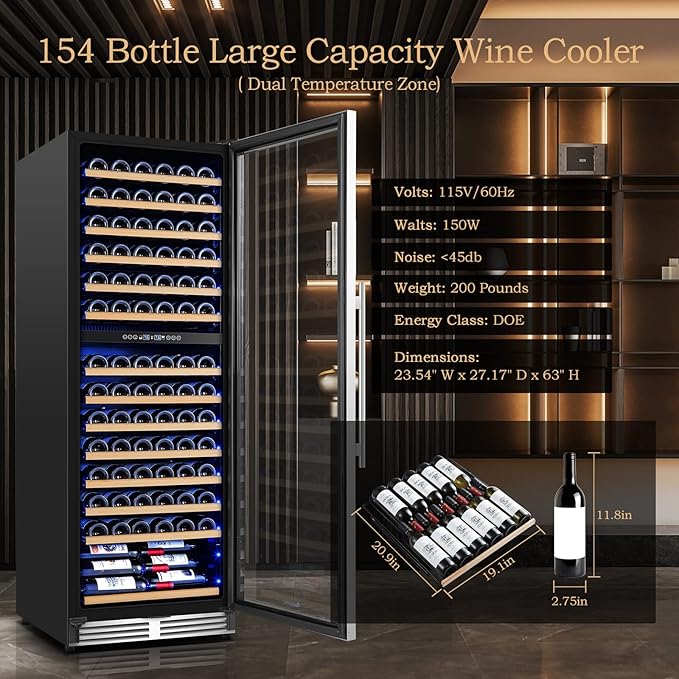 AAOBOSI 24 Inch 154 Bottles Wine Cooler，40-65°F Dual Zone Cooler, 14 Adjustable Shelves，Visualized Temperature Regulation,Uniform Cold Air Circulation