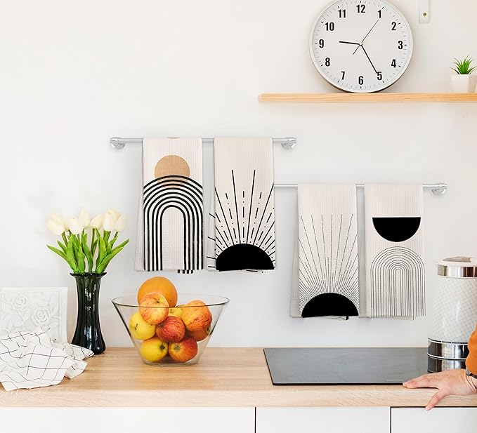 Boho Abstract Kitchen Towels and Dishcloths Set of 4, Boho Hand Towels, Mid Century Modern Abstract Minimalist Sunshine Drying Cloth Hand Dish Tea Towel for Bathroom Kitchen, 16x24 Inches