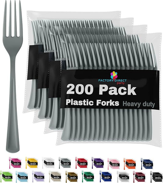 Party Solids 200 Pcs Heavy Duty Plastic Forks - Silver Disposable Flatware, Plastic Silverware