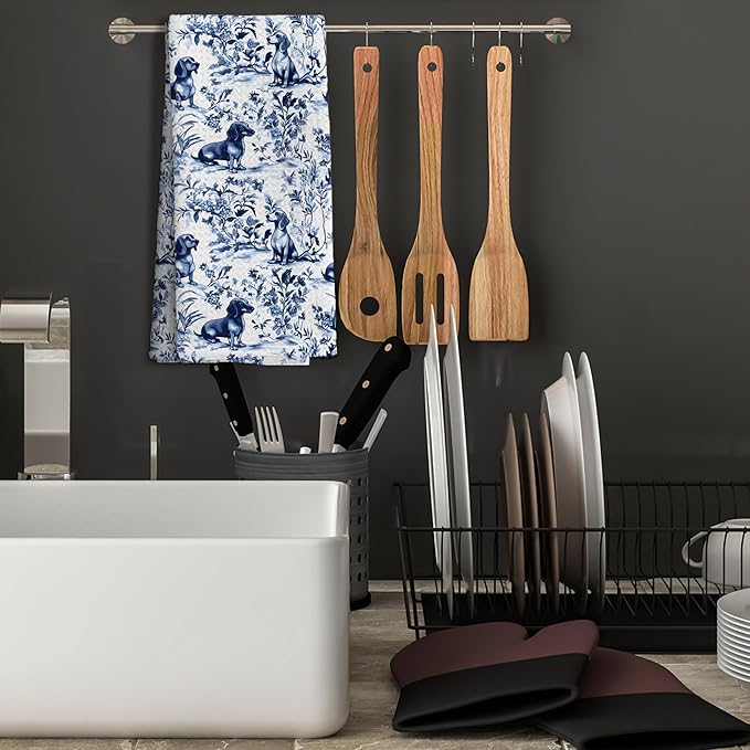 Chinoiserie Dachshund Kitchen Towels, Dachshund Gifts Decorative Dish Tea Towels, Blue and White Floral Botanical Grandmillennial Weiner Dog Hand Towels for Kitchen Bathroom, 16x24 Inch