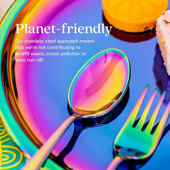 Ahimsa Stainless Steel Kids Utensils, Pediatrician Designed, Colorful Silverware for Kids & Toddlers, Non Toxic, Dishwasher Safe, Rainbow Fork and Spoon Set