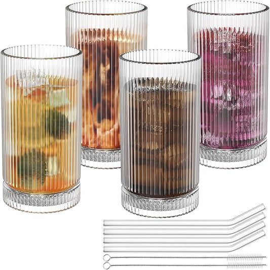 15 Oz Glass Cups with Straws, Vintage Glassware for Whiskey Cocktail Beer, Iced Coffee Cups and Drinking Glassare (4 PACK)