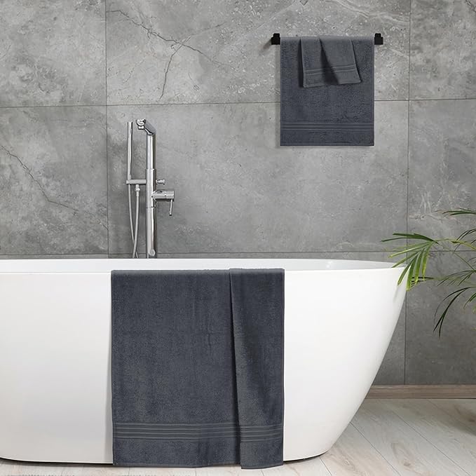 BOUTIQUO Ultra Soft 3 Pack Cotton Towel Set, Contains a Bath Towels 28x55 inch, a Hand Towels 16x24 inch & a Wash Coths 12x12 inch, Ideal Everyday use, Compact & Lightweight - Charcoal Grey