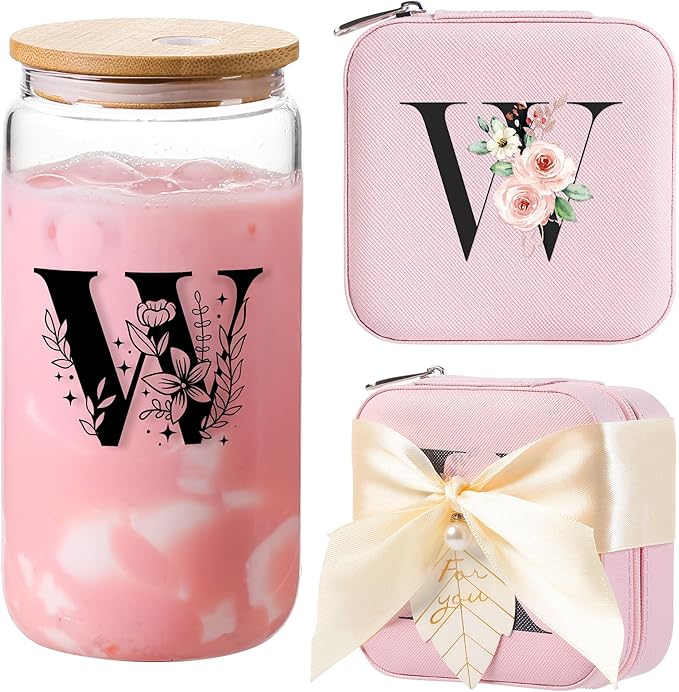 AYGXU Initial Glass Cup,Personalized Birthday Gifts for Women,16oz Glass Tumbler Cups,Graduation Gifts for Her,Small Jewelry Organizer Box,Birthday Gifts for Women,Initial W pink