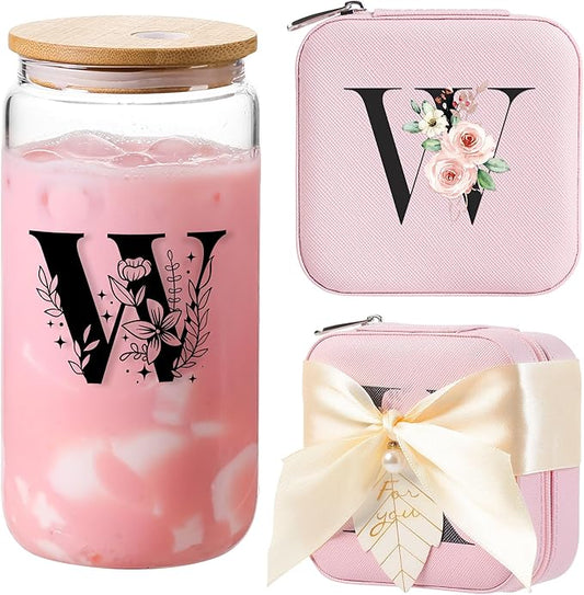 AYGXU Initial Glass Cup,Personalized Birthday Gifts for Women,16oz Glass Tumbler Cups,Graduation Gifts for Her,Small Jewelry Organizer Box,Birthday Gifts for Women,Initial W pink