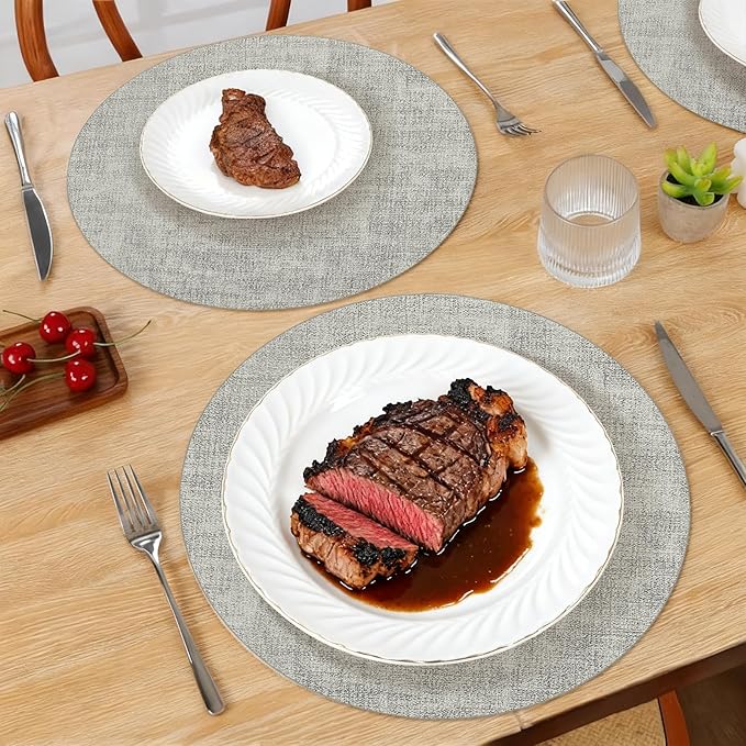 Maxpearl Round Placemats Set of 6, 13.8 inch Faux Leather Heat Resistant Table Mats, Non Slip Waterproof Wipeable Place Mats for Kitchen Dining Holiday Party Table Settings, Grey