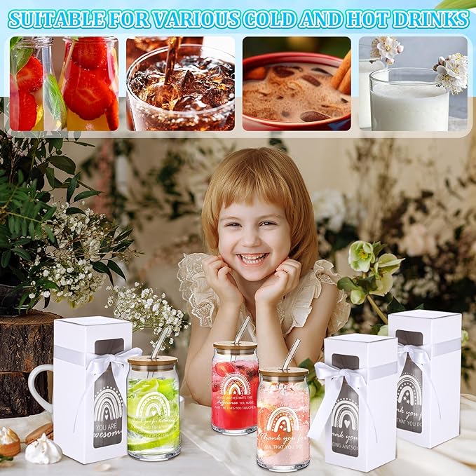 Layhit 12 Set Employee Appreciation Gifts Bulk 16 oz Thank You Glass Cups for Staff Coworker Thanksgiving Christmas Inspirational Glass Cups with Lids Straws Gift Boxes for Office Team Women Teacher