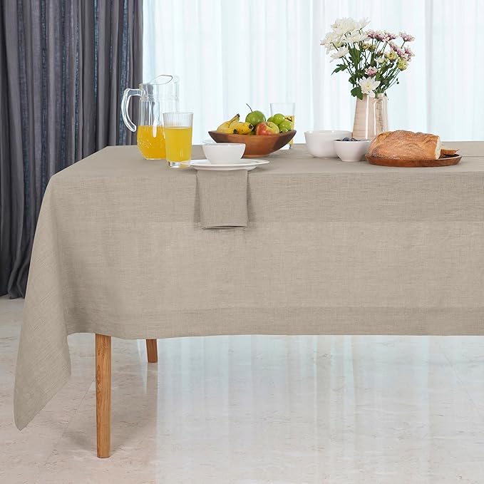 D'Moksha Homes Natural Tablecloth 60 x 108 Inch - 100% Pure Linen Rectangular Tablecloth - Machine Washable Table Cloth for Winter, Christmas, Holiday, New Year