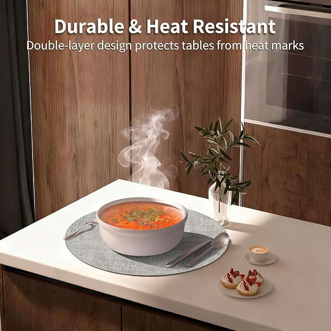 Maxpearl Round Placemats Set of 6, 13.8 inch Faux Leather Heat Resistant Table Mats, Non Slip Waterproof Wipeable Place Mats for Kitchen Dining Holiday Party Table Settings, Grey