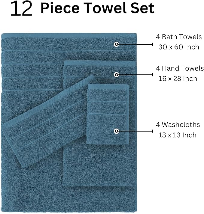 Casa Platino 100% Cotton Luxury Bath Towel Set - 12 Pieces - Ring Spun, Soft, Quick Dry & Extra Absorbent - 4 Bath, 4 Washcloths, 4 Bathroom Hand Towels - Minimal Lint After 3 Washes: Steel Blue