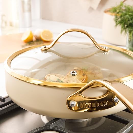 bloomhouse - Two Time Oprah's Favorite Things Winner - 10 Inch Heavy Duty Aluminum Premium PFA Free Ceramic Nonstick Saute/Deep Frying Pan Skillet with Lid - Almond Cream w/Gold Handle