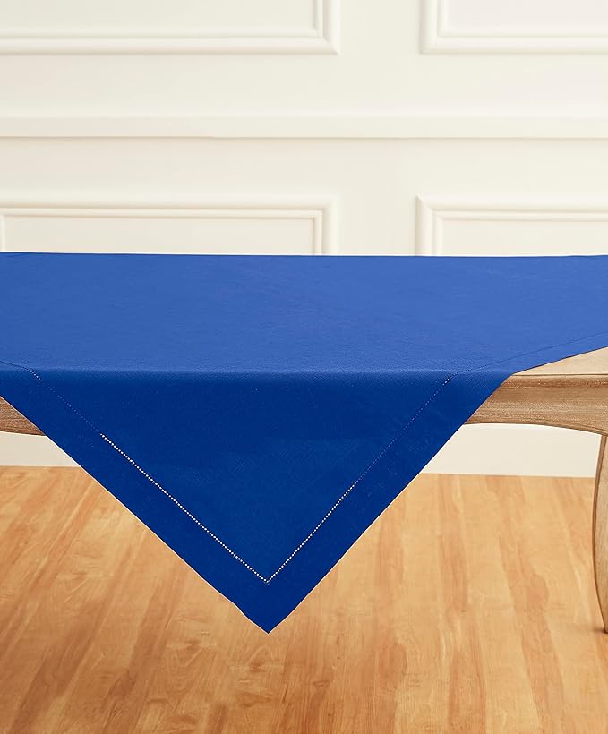 Solino Home Linen Square Tablecloth 52 x 52 Inch - 100% Pure Linen Royal Blue Table Throw - Classic Hemstitch, Machine Washable Table Cloth for New Year