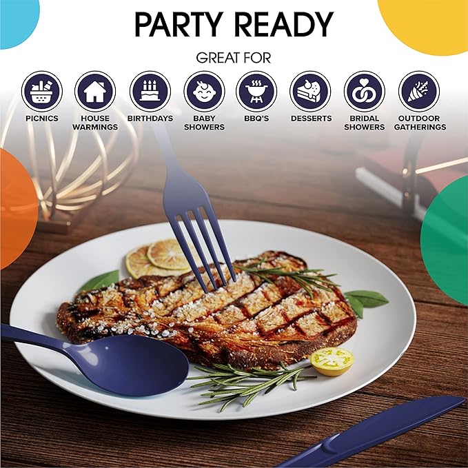 Party Solids Heavy Duty Plastic Cutlery - 200 Pieces, Disposable Navy Plastic Spoons, Flatware, Silverware