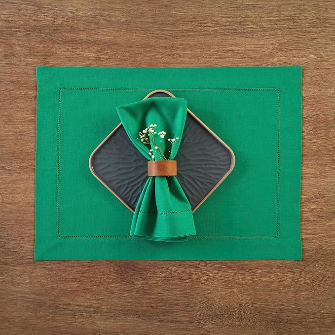 Solino Home Linen Cloth Placemats Set of 4-100% Pure Linen Hemstitch Emerald Green Placemats 14 x 19 Inch - Classic Hemstitch Table Place Mats for New Year