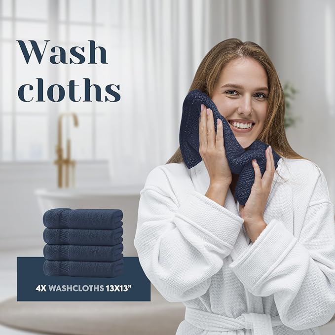 White Classic Luxury Bath Towel Set of 8 Pieces - 100% Turkish Cotton Highly Absorbent Towels for Bathroom, 2 Luxury Bath Towels 700GSM, 2 Hand Towels, 4 Washcloths, Navy