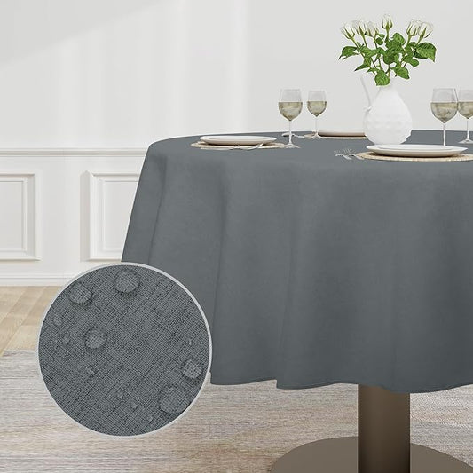 Easy-Going Faux Linen Waterproof Spill-Proof Tablecloth Stain Resistant Round Table Cloth Wrinkle Free Decorative Fabric for Kitchen, Dining, Party, Weddings, Restaurants (60 in-Round, Dark Grey)