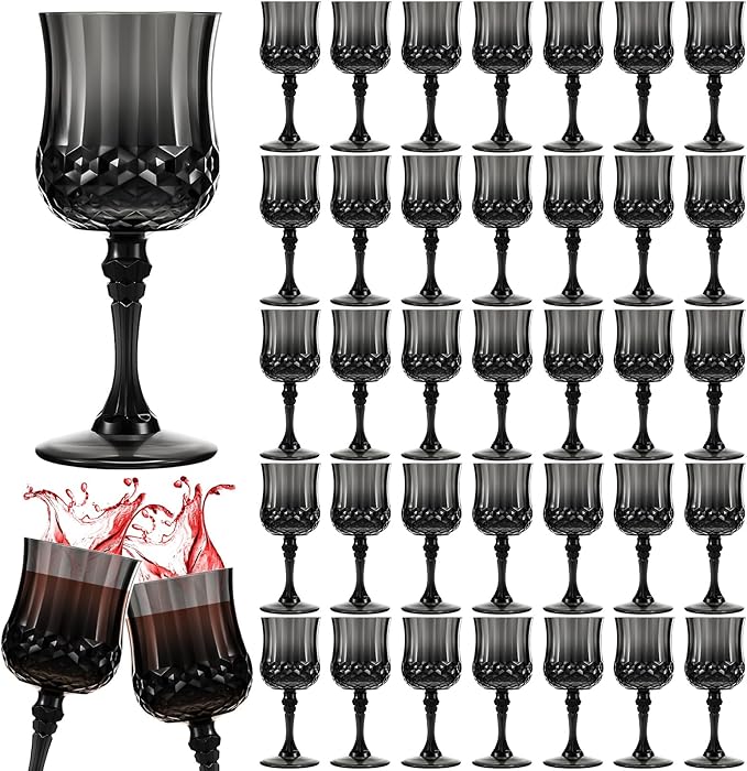 Pinkunn 50 Pcs 7 oz Plastic Vintage Wine Glasses Reusable Colored Goblets Patterned Drinking Water Glasses Cup Dishwasher Safe for Christmas Wedding Reception Party Supplies (Black)