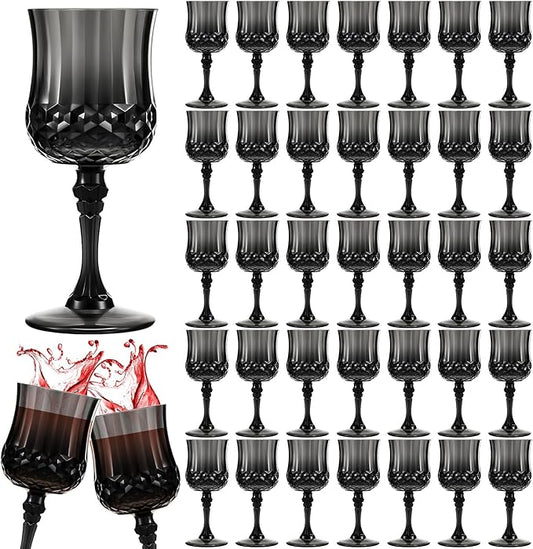 Pinkunn 50 Pcs 7 oz Plastic Vintage Wine Glasses Reusable Colored Goblets Patterned Drinking Water Glasses Cup Dishwasher Safe for Christmas Wedding Reception Party Supplies (Black)