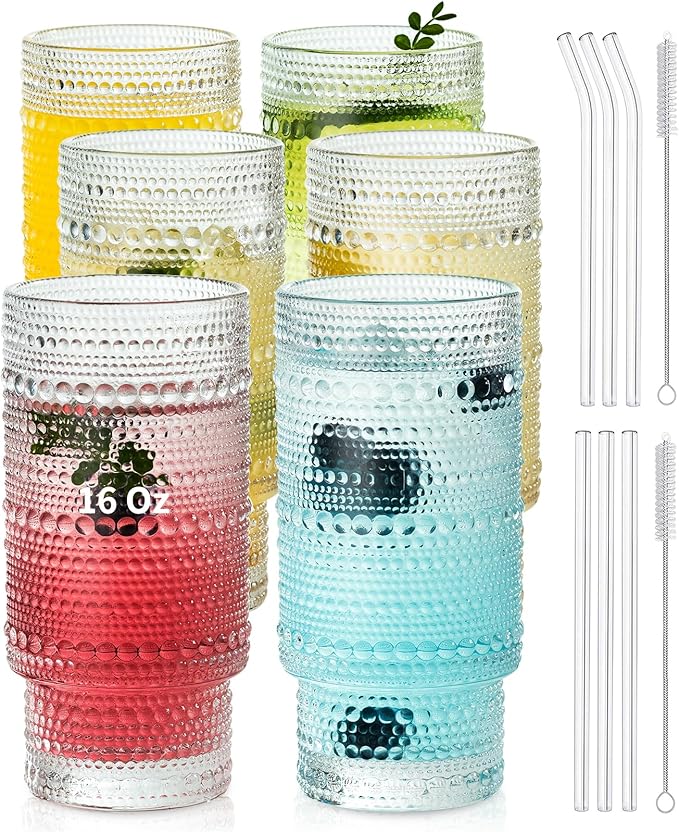 KEMORELA Glass Cups Vintage Glassware Set of 6 Large, Hobnail Drinking Glasses, 16oz Glass Cups With Straws, Romantic Hobnail Highball Glasses, Bar Beverages Ice Coffee Cup Glassware